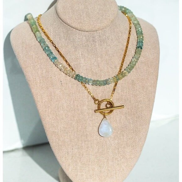 Stunning Moonstone Pendant Necklace 18K WATERPROOF Gold Chain with Toggle Clasp - Picture 4 of 12